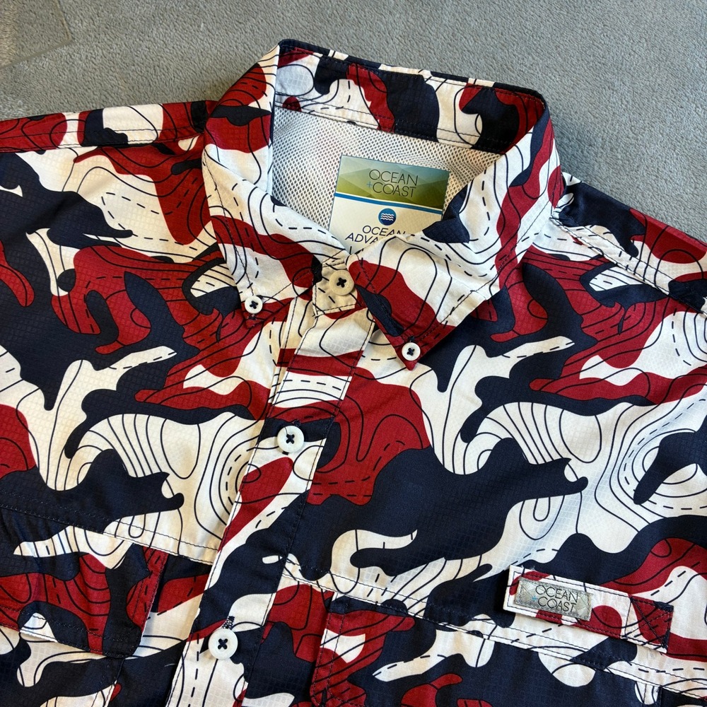Ocean Coast Men's Large Red White Blue Topo Camo Fishing Shirt Ocean Advantage L